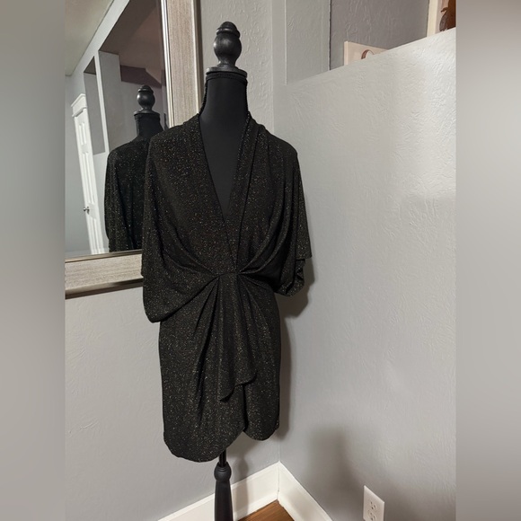 NWT Elan Glitter Gathered Dolman Sleeve Black Mini Dress Size Medium. - Picture 3 of 9